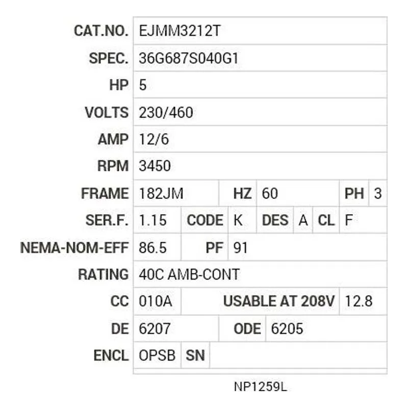 EJMM3212T Baldor 5 HP, 3450 RPM, 3 PH, 60 HZ, 182JM, 3623M, OPSB, F1 Motor Nameplate - view 2