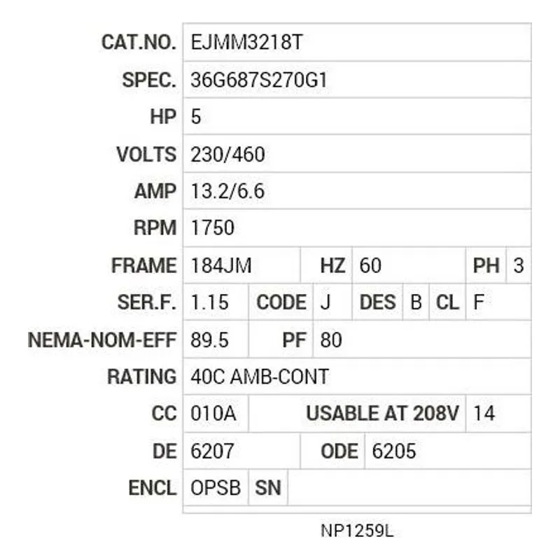 EJMM3218T Baldor 5 HP, 1760 RPM, 3 PH, 60 HZ, 184JM, 3640M, OPSB, F1 Motor Nameplate - view 2