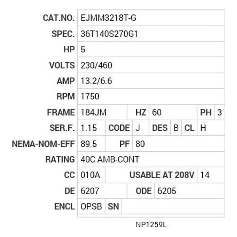 EJMM3218T-G Baldor 5 HP, 1750 RPM, 3 PH, 60 HZ, 184JM, 3640M, OPSB, F1 Motor Nameplate - view 2