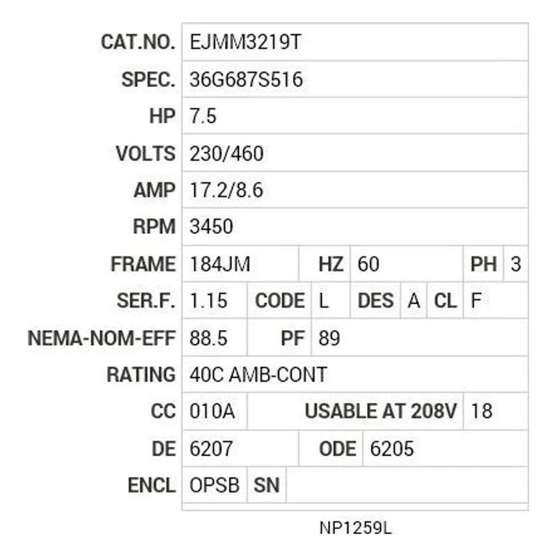 EJMM3219T Baldor 7.5 HP, 3450 RPM, 3 PH, 60 HZ, 184JM, 3632M, OPSB Motor Nameplate - view 2