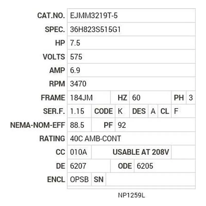 EJMM3219T-5 Baldor 7.5 HP, 3470 RPM, 3 PH, 60 HZ, 184JM, 3632M, OPSB Motor Nameplate - view 2