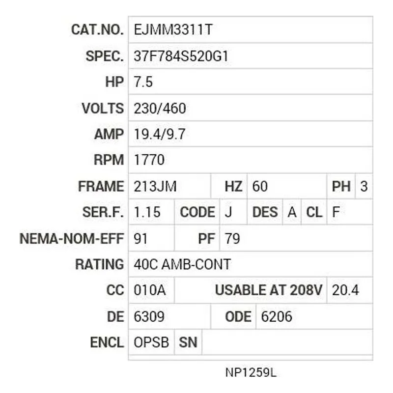 EJMM3311T Baldor 7.5 HP, 1770 RPM, 3 PH, 60 HZ, 213JM, 3733M, OPSB Motor Nameplate - view 2