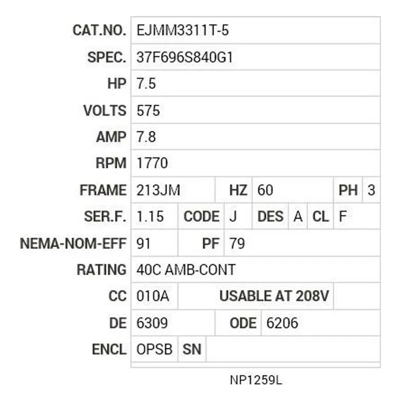 EJMM3311T-5 Baldor 7.5 HP, 1770 RPM, 3 PH, 60 HZ, 213JM, 3733M, OPSB Motor Nameplate - view 2