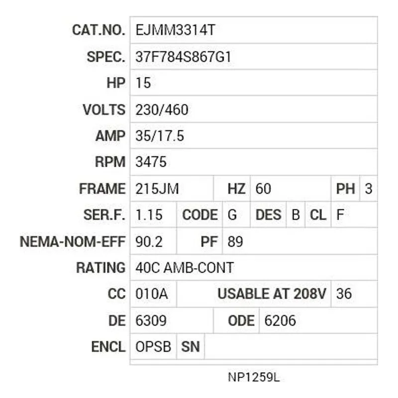 EJMM3314T Baldor 15 HP, 3500 RPM, 3 PH, 60 HZ, 215JM, 3734M, OPSB, F Motor Nameplate - view 2
