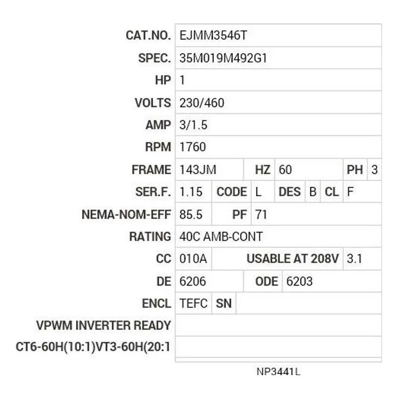 EJMM3546T Baldor 1 HP, 1760 RPM, 3 PH, 60 HZ, 143JM, 3519M, TEFC, F1 Motor Nameplate - view 2