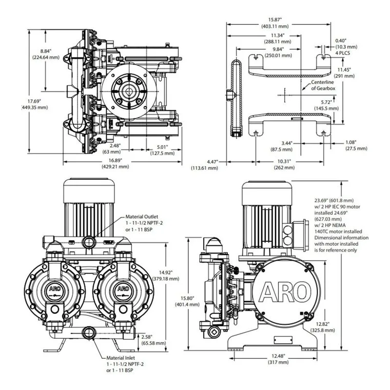 Ingersoll Rand E2P10-SASTT-CD-C0A ARO EVO Series 1" 210 Metallic Diaphragm Pump Dimensions, 1" NPTF Discharge Connections - view 2