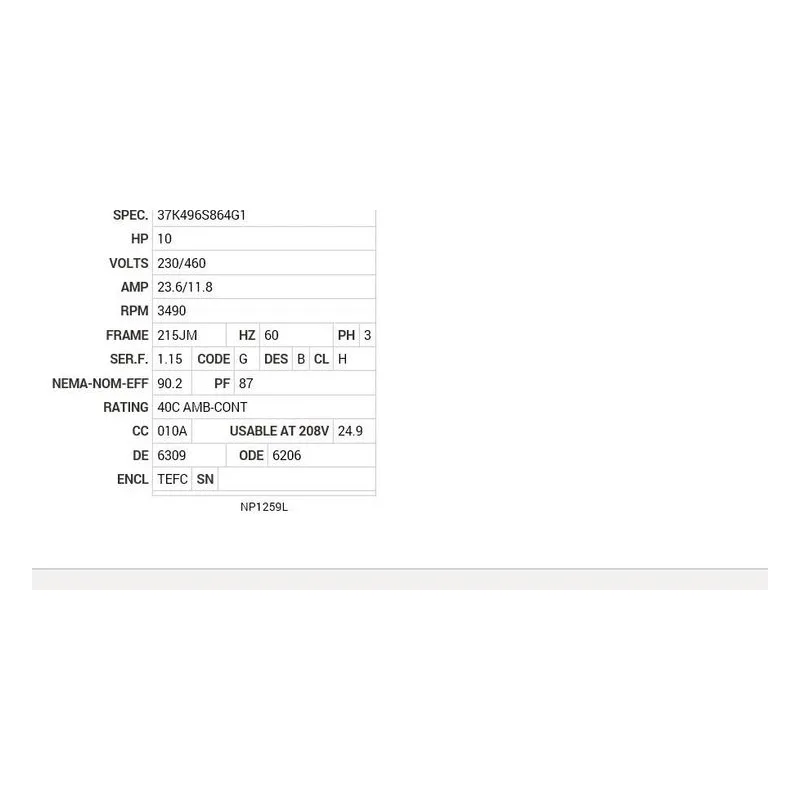 EJMM3711T-G Baldor 10 HP, 3490 RPM, 3 PH, 60 HZ, 215JM, 3729M, TEFC, F Motor Nameplate - view 2