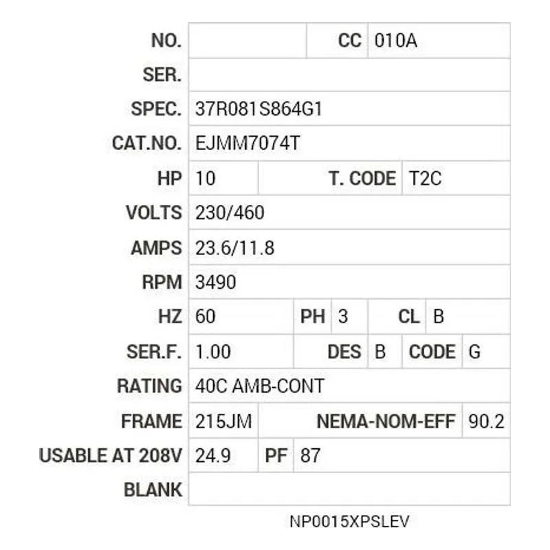EJMM7074T Baldor 10 HP, 3490 RPM, 3 PH, 60 HZ, 215JM, 3729M, XPFC, F Motor Nameplate - view 2