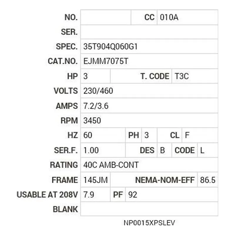 EJMM7075T Baldor 3 HP, 3450 RPM, 3 PH, 60 HZ, 145JM, 3532M, XPFC, F1 Motor Nameplate - view 2