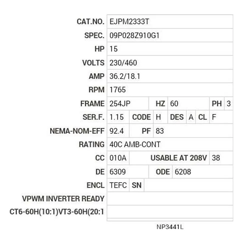 EJPM2333T Baldor 15 HP, 1765 RPM, 3 PH, 60 HZ, 254JP, 0944M, TEFC, F Motor Nameplate - view 2