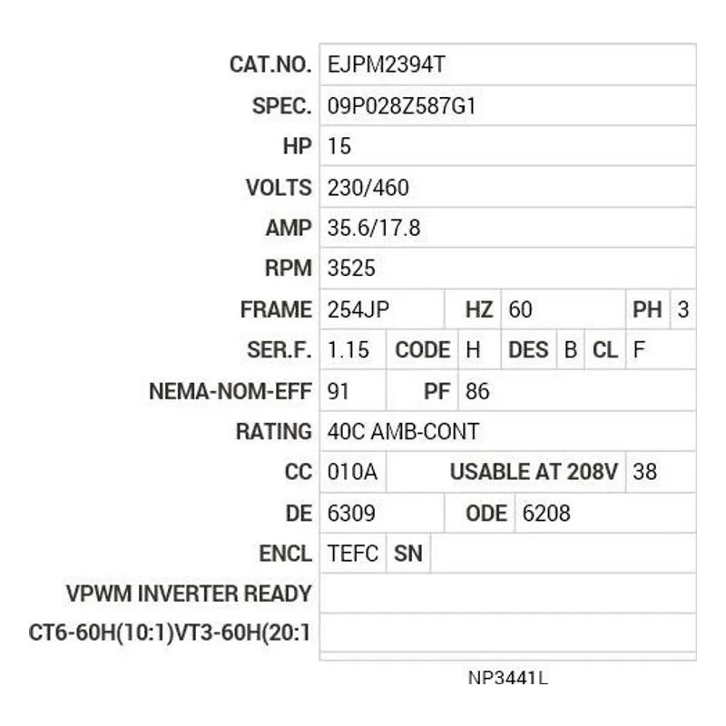 EJPM2394T Baldor 15 HP, 3525 RPM, 3 PH, 60 HZ, 254JP, 0930M, TEFC, F Motor Nameplate - view 2