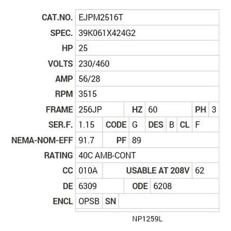 EJPM2516T Baldor 25 HP, 3515 RPM, 3 PH, 60 HZ, 256JP, 3938M, OPSB, F Motor Nameplate - view 2