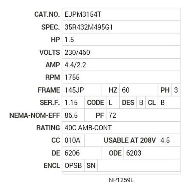EJPM3154T Baldor 1.5 HP, 1755 RPM, 3 PH, 60 HZ, 145JP, 3522M, OPSB Motor Nameplate - view 2