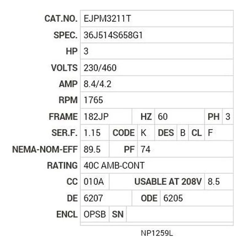 EJPM3211T Baldor 3HP/1760 RPM/3PH/OPSB/NEMA 182JP Motor Nameplate - view 2