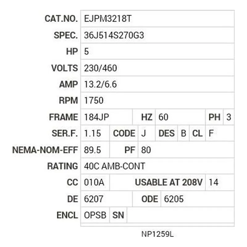 EJPM3218T Baldor 5HP/1760 RPM/3PH/OPSB/NEMA 184JP Motor Nameplate - view 2