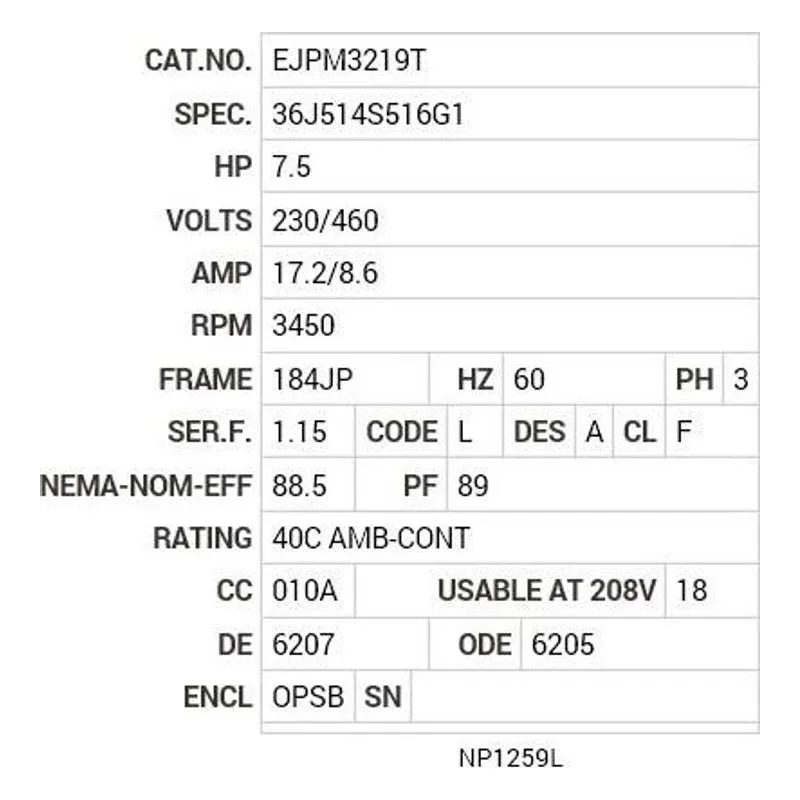 EJPM3219T Baldor 7.5HP/3500 RPM/3PH/OPSB/NEMA 184JP Motor Nameplate - view 2