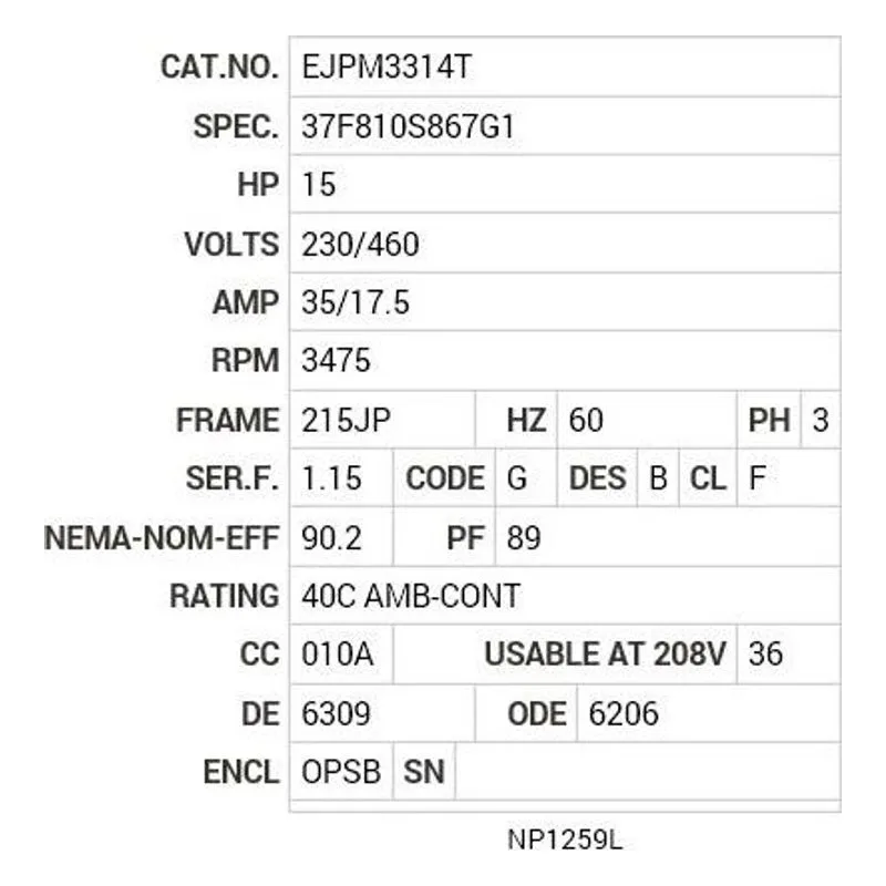 EJPM3314T Baldor 15 HP, 3500 RPM, 3 PH, 60 HZ, 215JP, 3734M, OPSB, F Motor Nameplate - view 2