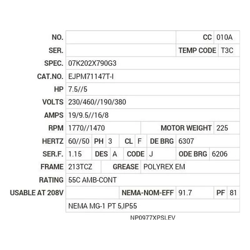 EJPM71147T-I Baldor 7.5//5 HP, 1770//1470 RPM, 3 PH, 60//50 HZ, 213T Motor Nameplate - view 2
