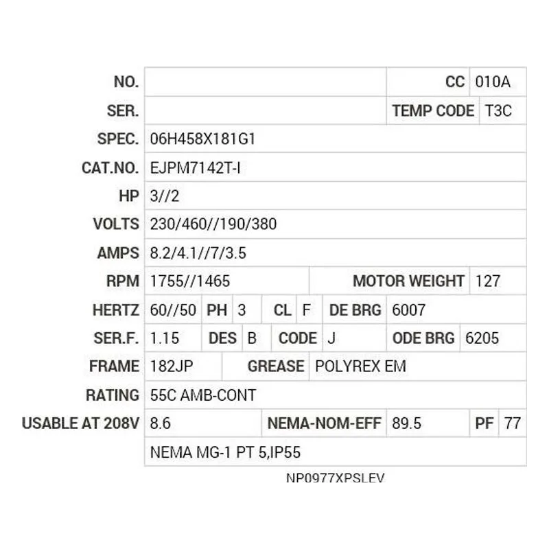 EJPM7142T-I Baldor 3//2 HP, 1755//1465 RPM, 3 PH, 60//50 HZ, 182JP Motor Nameplate - view 2