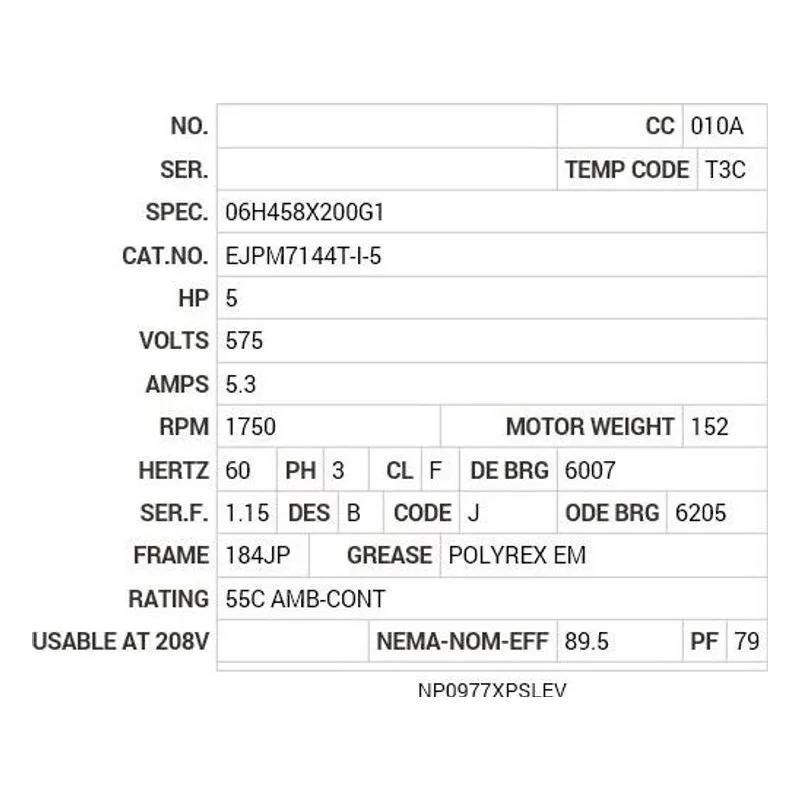 EJPM7144T-I-5 Baldor 5 HP, 1750 RPM, 3 PH, 60 HZ, 184JP, 0641M, XPFC, F1 Motor Nameplate - view 2