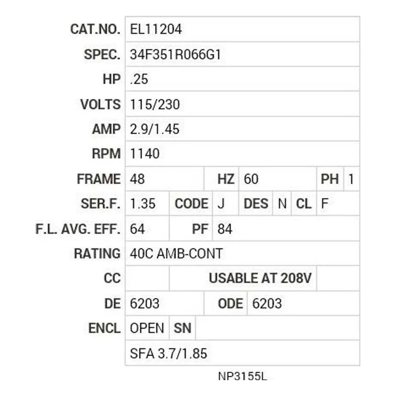 EL11204 Baldor .25 HP, 1140 RPM, 1 PH, 60 HZ, 48, 3416LC, OPEN, F1 Motor Nameplate - view 2