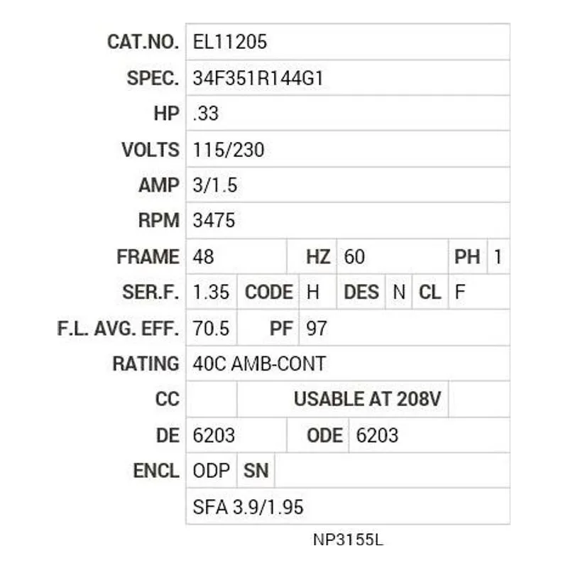 EL11205 Baldor .33 HP, 3475 RPM, 1 PH, 60 HZ, 48, 3413LC, ODP, F1 Motor Nameplate - view 2