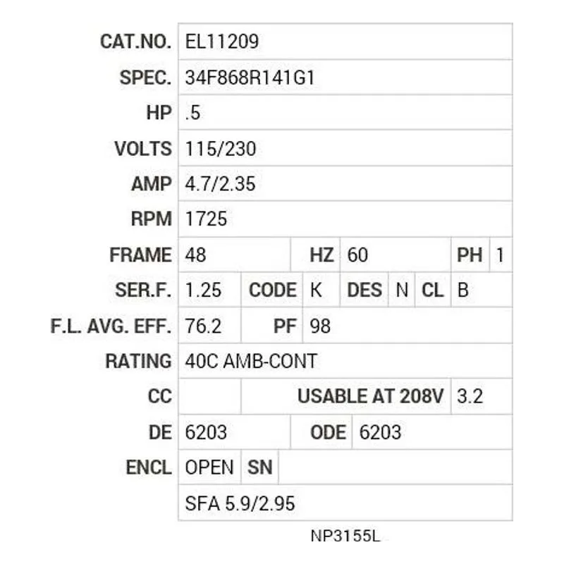 EL11209 Baldor .5 HP, 1725 RPM, 1 PH, 60 HZ, 48, 3424LC, OPEN, F1 Motor Nameplate - view 2