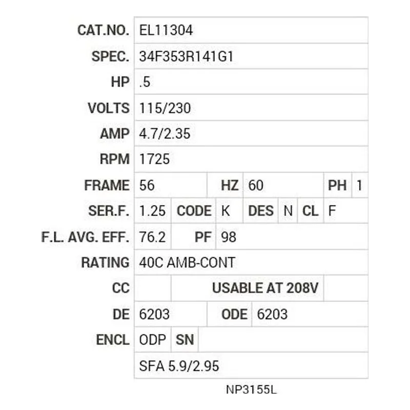 EL11304 Baldor .5 HP, 1725 RPM, 1 PH, 60 HZ, 56, 3424LC, ODP, F1, N Motor Nameplate - view 2