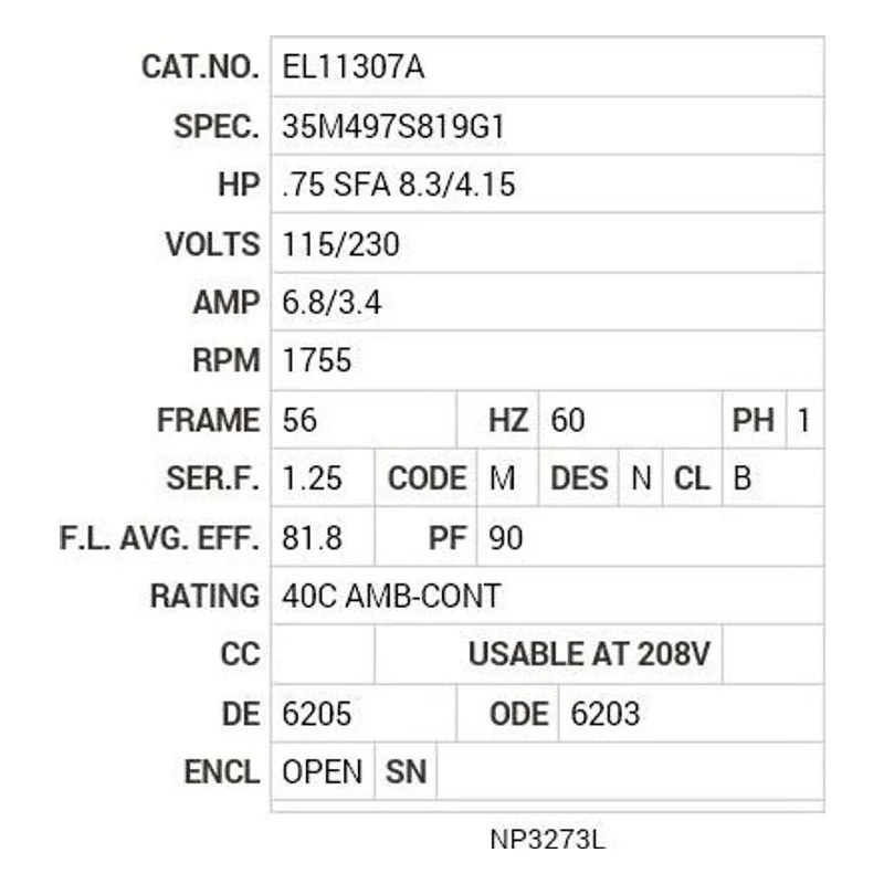 EL11307A Baldor .75 HP, 1755 RPM, 1 PH, 60 HZ, 56, 3524LC, OPEN, F1 Motor Nameplate - view 2