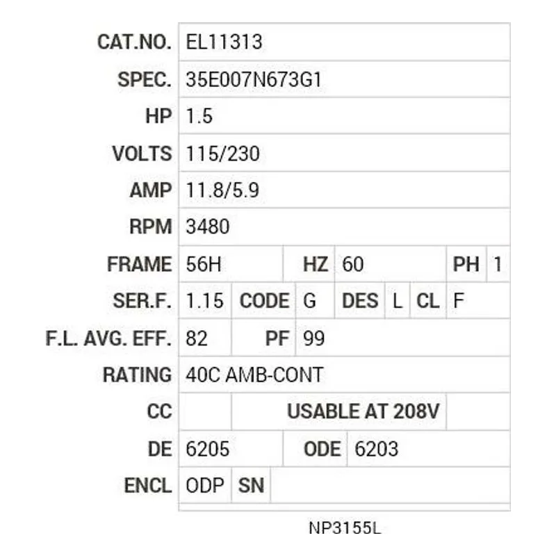 EL11313 Baldor 1.5 HP, 3480 RPM, 1 PH, 60 HZ, 56H, 3532LC, ODP, F1 Motor Nameplate - view 2