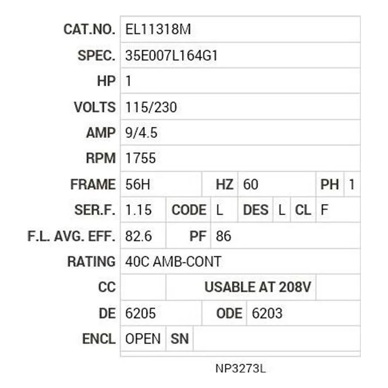 EL11318M Baldor 1 HP, 1755 RPM, 1 PH, 60 HZ, 56H, 3528LC, OPEN, F1 Motor Nameplate - view 2