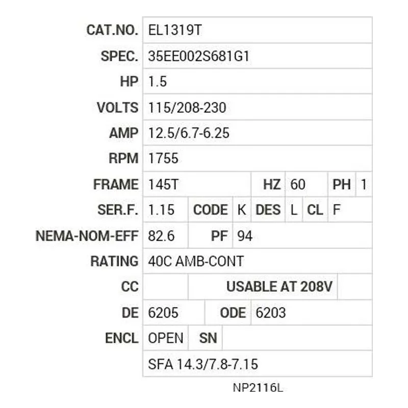 EL1319T Baldor 1.5 HP, 1755 RPM, 1 PH, 60 HZ, 143T, 3535LC, OPEN Motor Nameplate - view 2