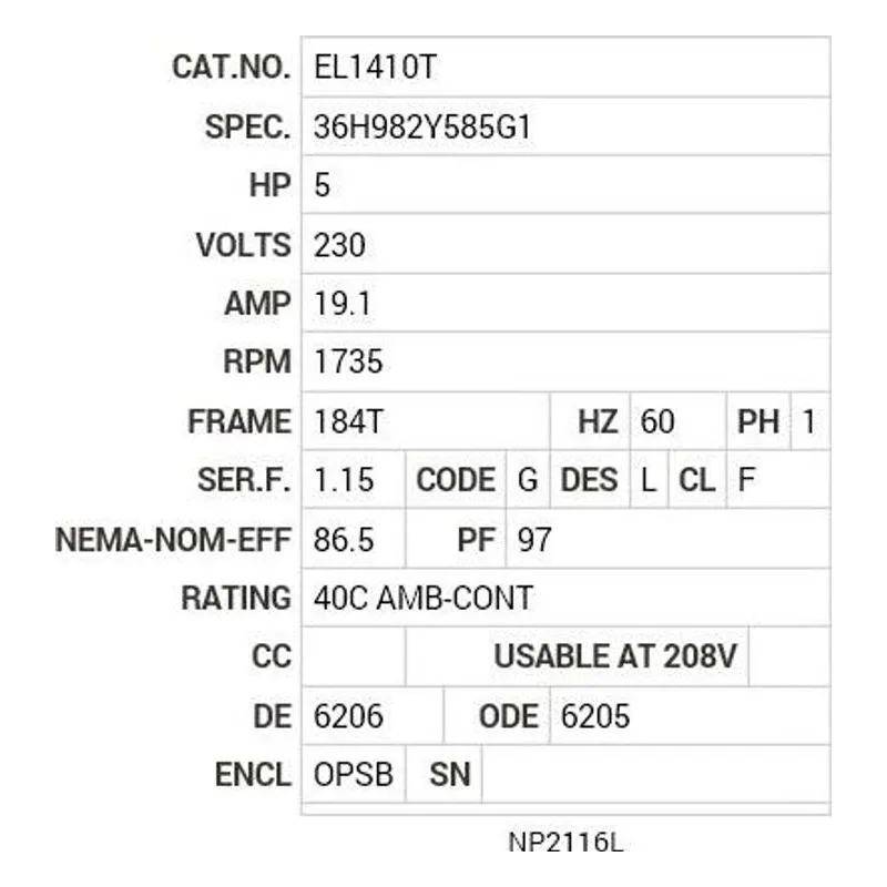 EL1410T Baldor 5 HP, 1735 RPM, 1 PH, 60 HZ, 184T, 3646LC, OPSB, F1 Motor Nameplate - view 2