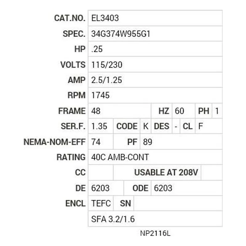 EL3403 Baldor .25 HP, 1745 RPM, 1 PH, 60 HZ, 48, 3414LC, TEFC, F1 Motor Nameplate - view 2