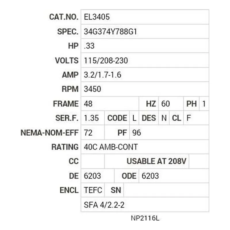 EL3405 Baldor .33 HP, 3450 RPM, 1 PH, 60 HZ, 48, 3420LC, TEFC, F1 Motor Nameplate - view 2
