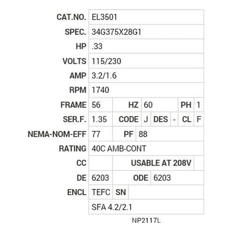 EL3501 Baldor .33 HP, 1740 RPM, 1 PH, 60 HZ, 56, 3418LC, TEFC, F1 Motor Nameplate - view 2