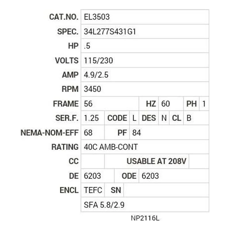 EL3503 Baldor .5 HP, 3450 RPM, 1 PH, 60 HZ, 56, 3413LC, TEFC, F1 Motor Nameplate - view 2