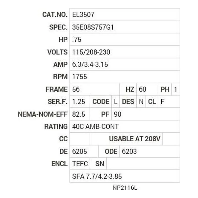 EL3507 Baldor .75 HP, 1755 RPM, 1 PH, 60 HZ, 56, 3528LC, TEFC, F1 Motor Nameplate - view 2