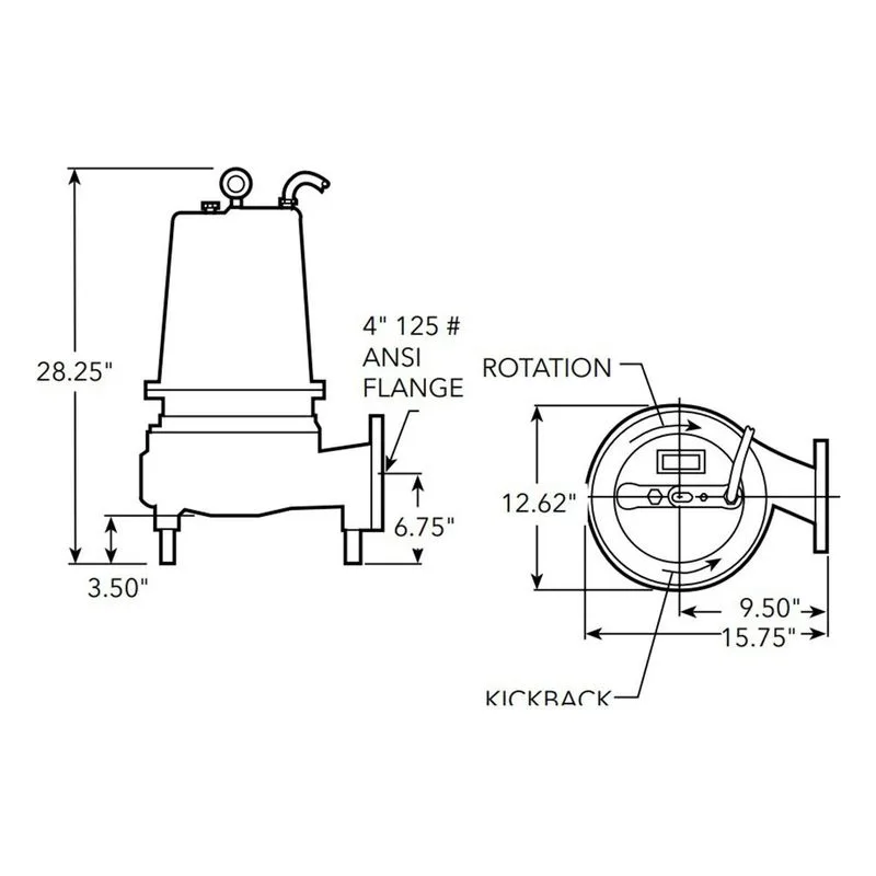 Goulds Water Techonology WS3032D4E 3888D4-WS-D4 Sewage Pump 3 HP, 4" Flange, Pump Dimensions - view 2