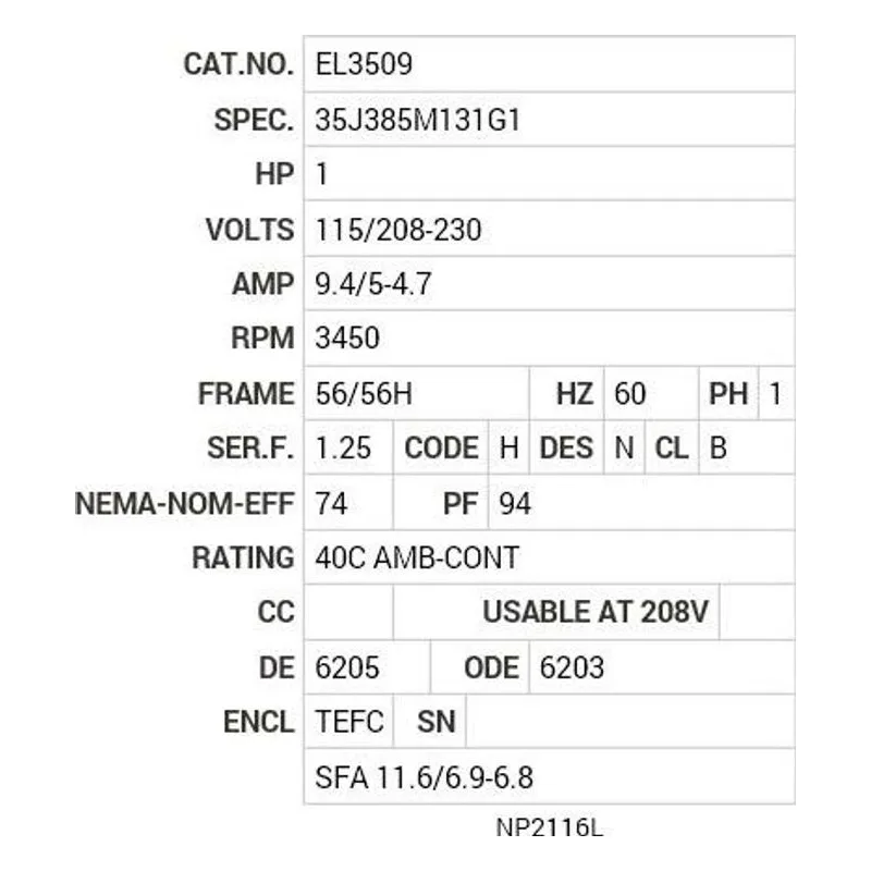 EL3509 Baldor 1 HP, 3450 RPM, 1 PH, 60 HZ, 56/56H, 3520LC, TEFC Motor Nameplate - view 2