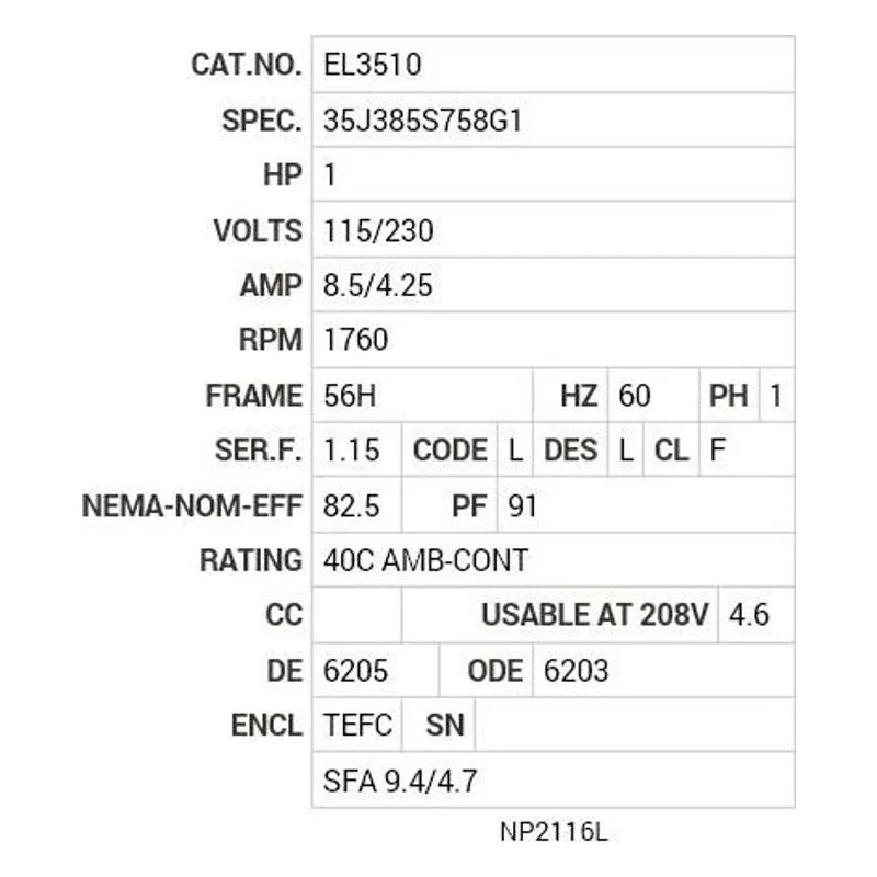 EL3510 Baldor 1 HP, 1760 RPM, 1 PH, 60 HZ, 56H, 3532LC, TEFC, F1 Motor Nameplate - view 2