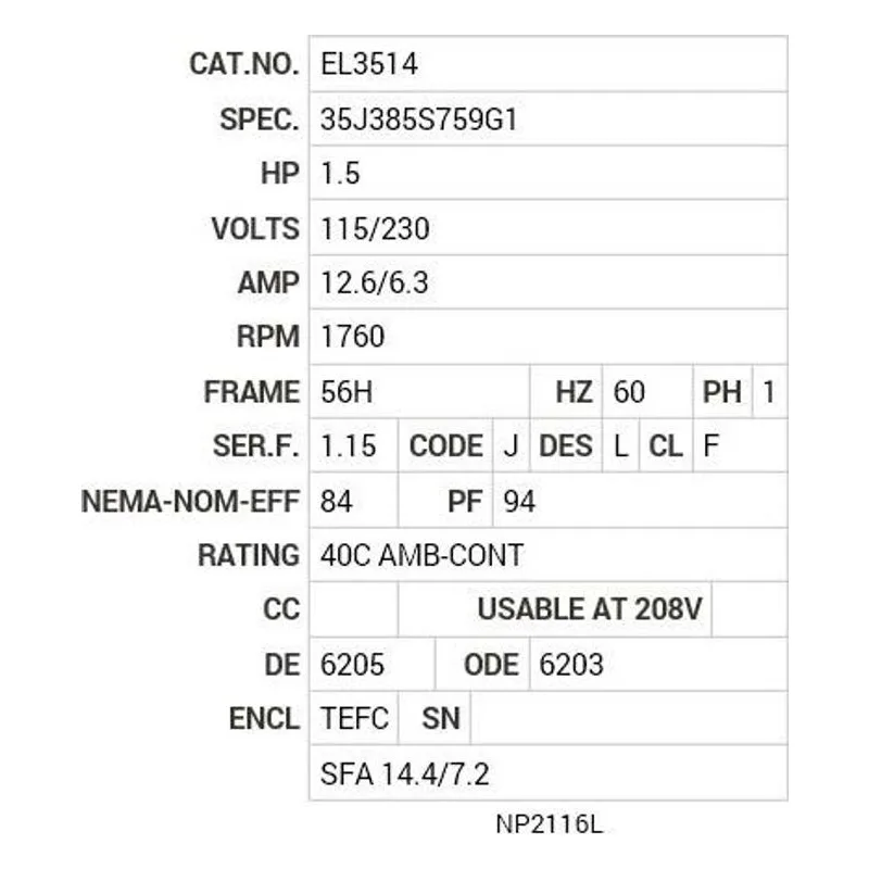 EL3514 Baldor 1.5 HP, 1760 RPM, 1 PH, 60 HZ, 56H, 3540LC, TEFC Motor Nameplate - view 2