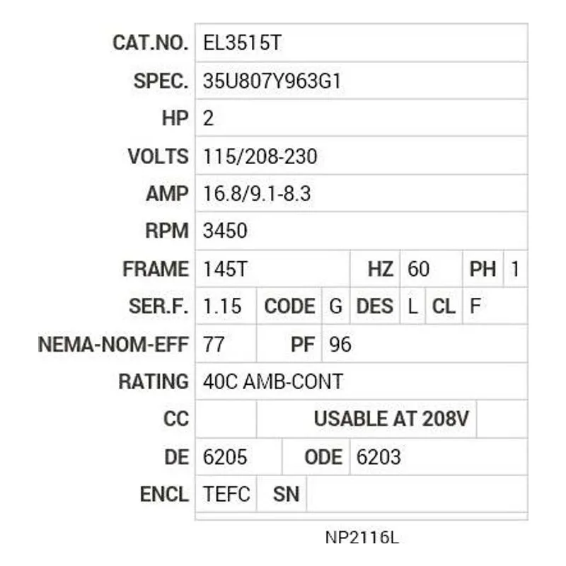 EL3515T Baldor 2 HP, 3450 RPM, 1 PH, 60 HZ, 145T, 3535LC, TEFC, F1 Motor Nameplate - view 2