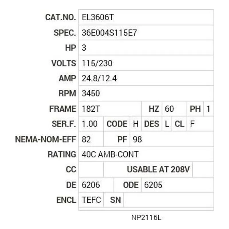 EL3606T Baldor 3 HP, 3450 RPM, 1 PH, 60 HZ, 182T, 3634LC, TEFC, F1 Motor Nameplate - view 2