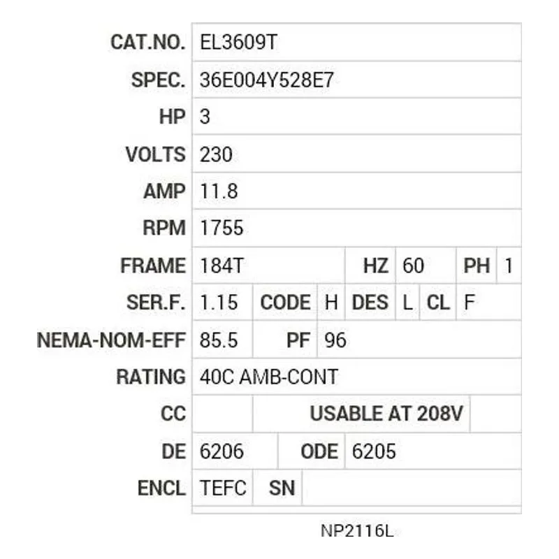 EL3609T Baldor 3 HP, 1755 RPM, 1 PH, 60 HZ, 184T, 3640LC, TEFC, F1 Motor Nameplate - view 2