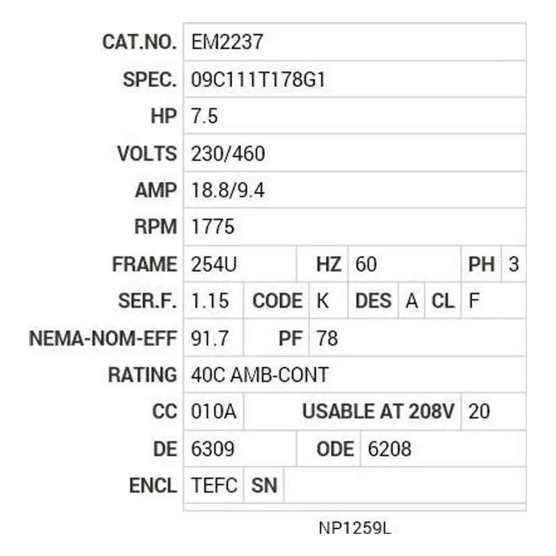EM2237 Baldor 7.5 HP, 1775 RPM, 3 PH, 60 HZ, 254U, 0936M, TEFC, F Motor Nameplate - view 2