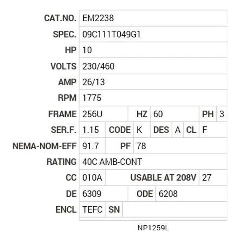 EM2238 Baldor 10 HP, 1775 RPM, 3 PH, 60 HZ, 256U, 0936M, TEFC, F1 Motor Nameplate - view 2