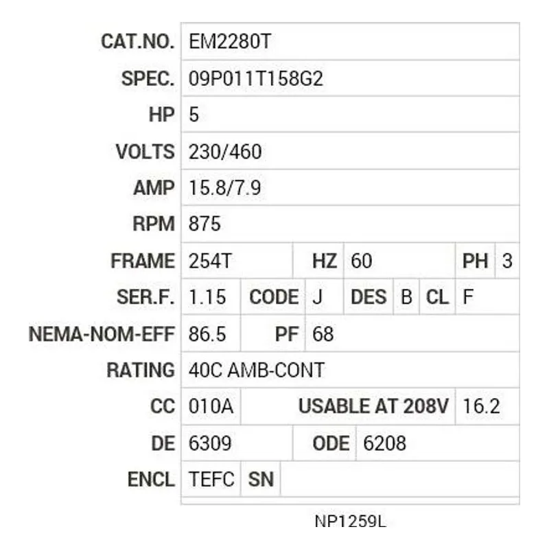 EM2280T Baldor 5 HP, 875 RPM, 3 PH, 60 HZ, 254T, 0940M, TEFC, F1, N Motor Nameplate - view 2