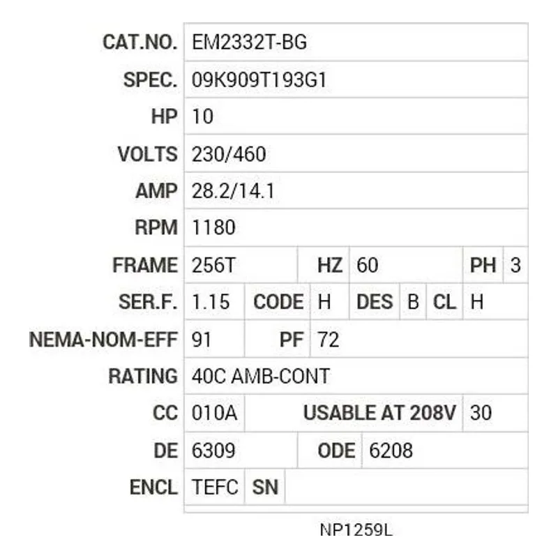 EM2332T-BG Baldor 10 HP, 1180 RPM, 3 PH, 60 HZ, 256T, 0960M, TEFC, F1 Motor Nameplate - view 2