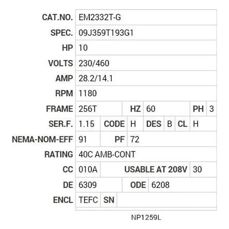 EM2332T-G Baldor 10 HP, 1180 RPM, 3 PH, 60 HZ, 256T, 0960M, TEFC, F1 Motor Nameplate - view 2